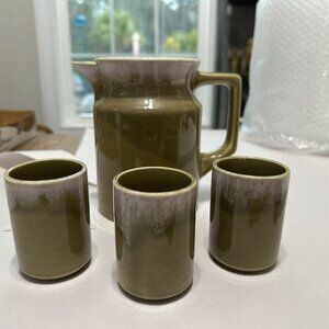 Vintage Enesco Pitcher and 3 Juice Cups Green Lava Japan Breakfast Farmhouse